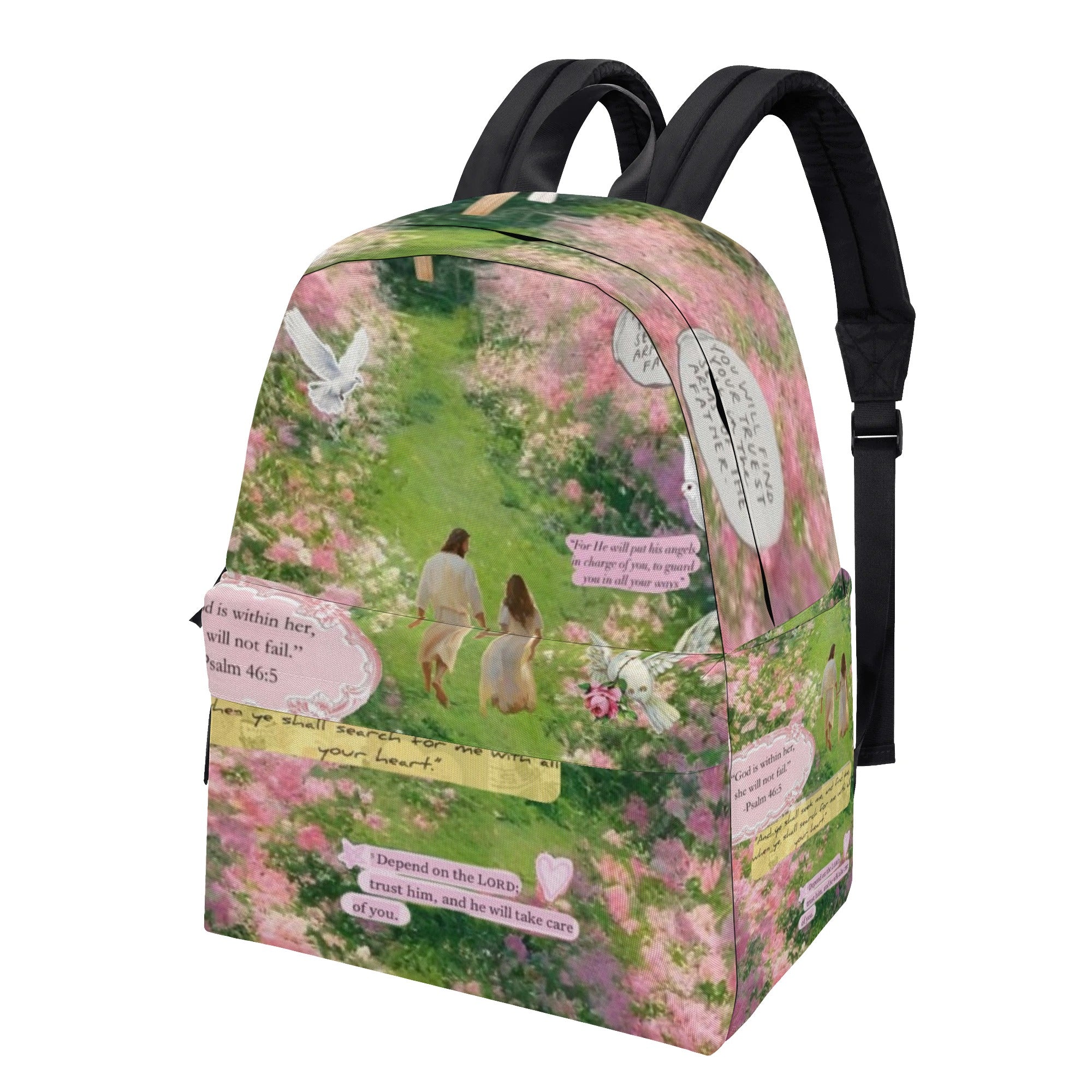 Heavenly Garden Christian Backpack – Jesus Walking with Girl, Psalm 46:5, Trust in the Lord Design.PLAF54